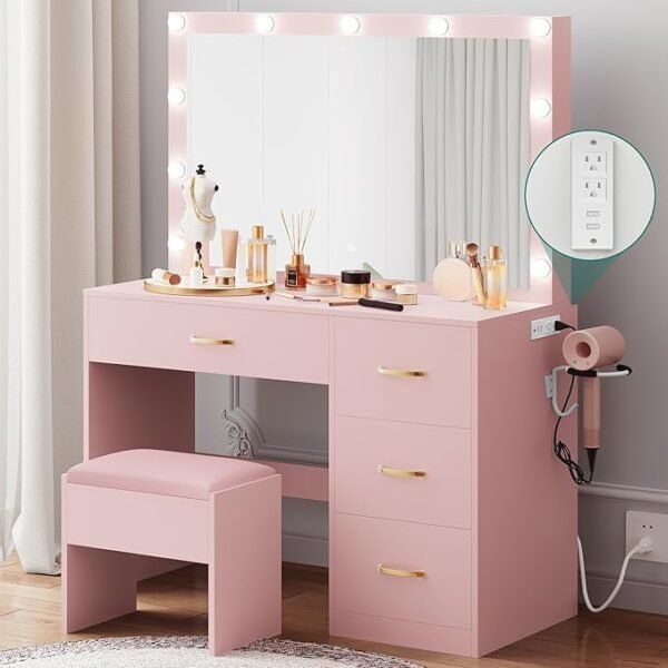 YITAHOME Makeup Vanity Desk with Large Lighted Mirror & Power Outlet, Makeup Vanity Set with 4 Drawers, Dressing Table with 3 Color Modes Available, Cushioned Bench, Bedroom, Pale Pink