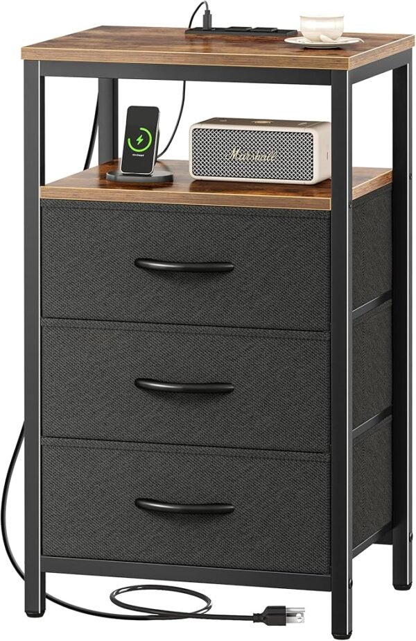 Huuger Nightstand with Charging Station, Side Table with Fabric Drawers, End Table with Open Shelf, Bedside Table with USB Ports and Outlets, Night Stand for Bedroom, Rustic Brown and Black