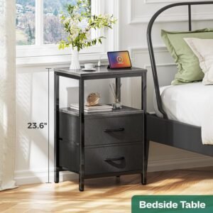 Huuger Nightstand with Charging Station, Side Table with Fabric Drawers, End Table with Open Shelf, Bedside Table with USB Ports and Outlets, Night Stand for Bedroom Charcoal Grey & Black