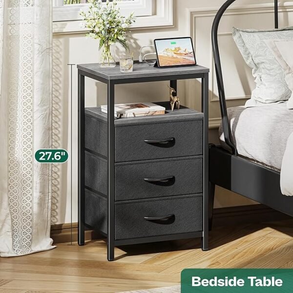 Huuger Nightstand with Charging Station, Side Table with Fabric Drawers, End Table with Open Shelf, Bedside Table with USB Ports and Outlets, Night Stand for Bedroom Charcoal Grey & Black