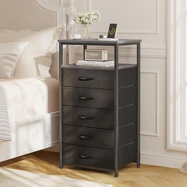 Huuger Nightstand with Charging Station, Side Table with Fabric Drawers, End Table with Open Shelf, Bedside Table with USB Ports and Outlets, Night Stand for Bedroom Charcoal Grey & Black