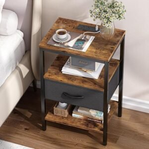 SUPERJARE Nightstand with Charging Station Rustic Brown and Black