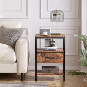 SUPERJARE Nightstand with Charging Station Rustic Brown