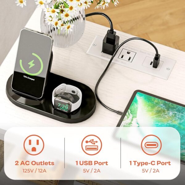 SUPERJARE Nightstand with Charging Station White