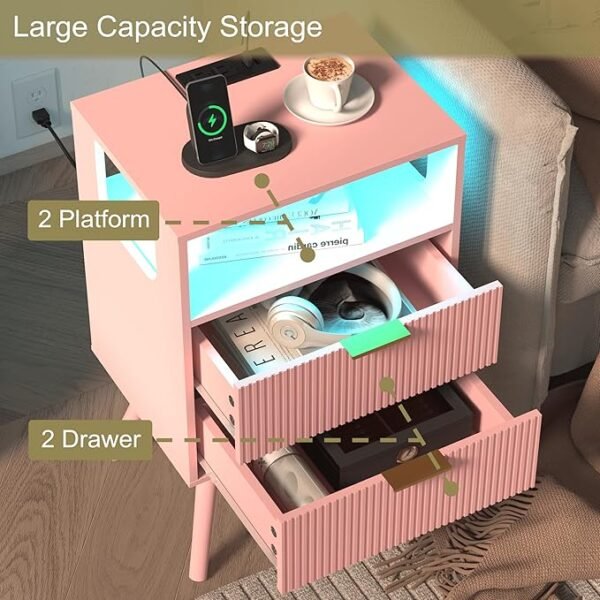 Pink Nightstand with Charging Station and LED Lights,Modern Bedside Table with 2 Storage Drawer and Open Wood Shelf, for Bedroom and Small Spaces,Night Stand with Solid Wood Legs,Pink