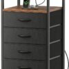 Huuger Nightstand with Charging Station, Side Table with Fabric Drawers, End Table with Open Shelf, Bedside Table with USB Ports and Outlets, Night Stand for Bedroom, Rustic Brown and Black