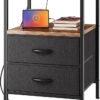 Huuger Nightstand with Charging Station, Side Table with Fabric Drawers, End Table with Open Shelf, Bedside Table with USB Ports and Outlets, Night Stand for Bedroom, Rustic Brown and Black