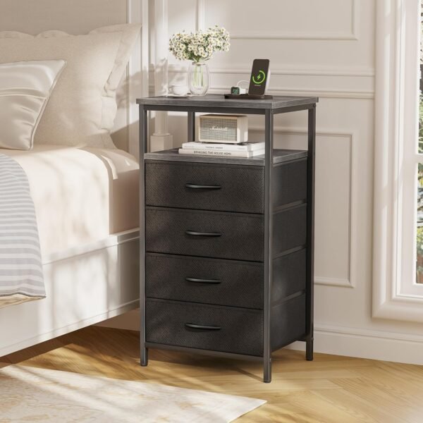 Huuger Nightstand with Charging Station, Side Table with Fabric Drawers, End Table with Open Shelf, Bedside Table with USB Ports and Outlets, Night Stand for Bedroom Charcoal Grey & Black
