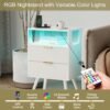 White Nightstand with Charging Station and LED Lights,Modern Bedside Table with 2 Storage Drawer and Open Wood Shelf, for Bedroom and Small Spaces,Night Stand with Solid Wood Legs,White