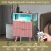 Pink Nightstand with Charging Station and LED Lights,Modern Bedside Table with 2 Storage Drawer and Open Wood Shelf, for Bedroom and Small Spaces,Night Stand with Solid Wood Legs,Pink