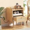 Night stand Set of 2, Bedside Tables with Charging Station, Rattan End Tables, Bed Side Tables, Wood Nightstands set of 2 for Farmhouse Kids' Room Bedroom Living Room Dorm Sofa Office Corner(Natural)