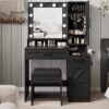 Fameill Vanity Desk with Mirror and Lights,Make up Vanity with Chair and Outlet,Dressing Table with Jewelry Cabinet, Bedroom Vanity with 2 Drawers, 3 Lighting Colors,36.4 inch,Black