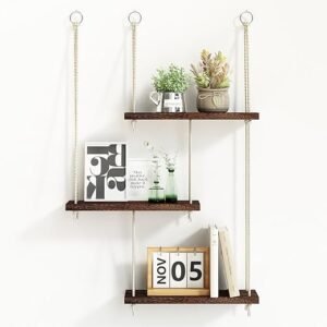 Fixwal Hanging Shelves for Wall, 3 Tier Boho Wall Decor Hanging Plant Shelf Floating Shelves Rope Rustic Wood Organizer Storage Hanger Rack for Aesthetic Home Bedroom Kitchen Bathroom - Dark Brown