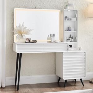 Fluted Makeup Vanity Desk with Large 35" HD Lighted Mirror, 48" Mid Century Modern Glass Top Vanity Table with 5 Drawers & Adjustable Shelf, Dressing Table w/Charging Station for Bedroom, White