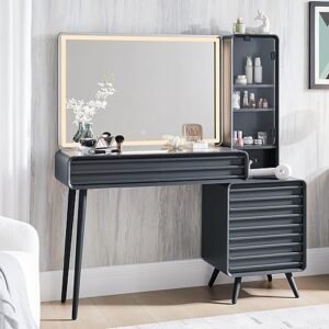 Fluted Makeup Vanity Desk with Large 35" HD Lighted Mirror, 48" Mid Century Modern Glass Top Vanity Table with 5 Drawers & Adjustable Shelf, Dressing Table w/Charging Station for Bedroom, Dark Grey