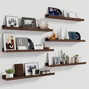 Fun Memories Picture Ledge Shelf, 36 Inch Long Floating Shelves Set of 6, Picture Shelf for Wall with Lip, Large Nursery Book Shelves for Storage, Wall Shelves for Living Room Bedroom Kitchen, Walnut