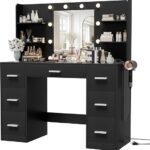 Furmax Vanity Desk with Mirror, LED Lights and Power Outlet Makeup Vanity Table with 7 Drawers and 6 Storage Shelves Dressing Table for Bedroom Dressing Room (Black)