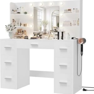 Furmax Vanity Desk with Mirror, LED Lights and Power Outlet Makeup Vanity Table with 7 Drawers and 6 Storage Shelves Dressing Table for Bedroom Dressing Room (White)