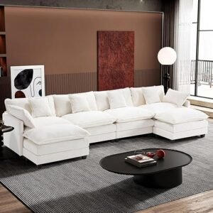 Ihanherry 146" U-Shaped Modern Sofa Modular Sectional Cloud Couch with 2 Ottoman, 6-Seat Chenille Deep Seat Sofa with 6 Pillows for Living Room, Bedroom and Apartment, Beige