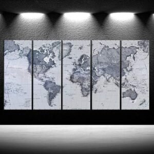 iKNOW FOTO 5 Pieces Vintage World Map Canvas Prints Push Pin Map Wall Art Decor Trace Travel Marks Map The Map of The World Antique Framed Picture for Living Room Office 16x40inx5