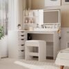 JUMMICO L Shaped Vanity Desk Set with LED 3 Color Lighted Mirror&Power Outlets, Dressing Table with Drawers, Storage Boxes&Shelves, Corner Makeup Vanity with Cushioned Bench for Bedroom (White)