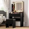 LIKIMIO Small Makeup Vanity Desk with Mirror and Lights, Vanity Table Set with Storage Drawer, Chair and Three Shelves, Bedroom, Black