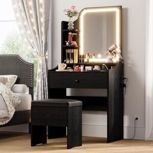 LIKIMIO Small Makeup Vanity Desk with Mirror and Lights, Vanity Table Set with Storage Drawer, Chair and Three Shelves, Bedroom, Black