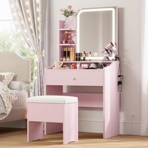 LIKIMIO Small Makeup Vanity Desk with Mirror and Lights, Vanity Table Set with Storage Drawer, Chair and Three Shelves, Bedroom, Pink