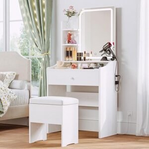 LIKIMIO Small Makeup Vanity Desk with Mirror and Lights, Vanity Table Set with Storage Drawer, Chair and Three Shelves, Bedroom, White