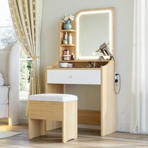 LIKIMIO Small Makeup Vanity Desk with Mirror and Lights, Vanity Table Set with Storage Drawer, Chair and Three Shelves, Bedroom, Wood