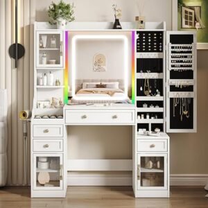 Maupvit Makeup Vanity Desk with LED Lighted Mirror and Power Strip and RGB Lights,White Vanity Table with Jewelry Cabinet,Large Dressing Table with 4 Drawers,3 Storage Cabinet and Lots Open Shelves