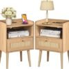 Night stand Set of 2, Bedside Tables with Charging Station, Rattan End Tables, Bed Side Tables, Wood Nightstands set of 2 for Farmhouse Kids' Room Bedroom Living Room Dorm Sofa Office Corner(Natural)