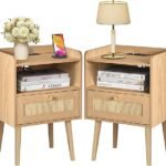 Night stand Set of 2, Bedside Tables with Charging Station, Rattan End Tables, Bed Side Tables, Wood Nightstands set of 2 for Farmhouse Kids' Room Bedroom Living Room Dorm Sofa Office Corner(Natural)