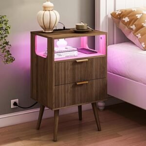 Nightstand with Charging Station and LED Lights,Modern Bedside Table with 2 Storage Drawer and Open Wood Shelf, for Bedroom and Small Spaces,Night Stand with Solid Wood Legs,Walnut Brown