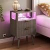 Nightstand with Charging Station and LED Lights,Modern Bedside Table with 2 Storage Drawer and Open Wood Shelf, for Bedroom and Small Spaces,Night Stand with Solid Wood Legs,GreyOak