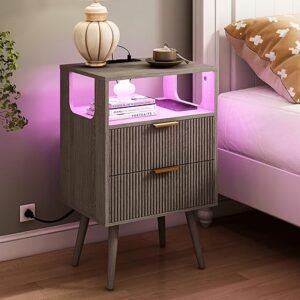 Nightstand with Charging Station and LED Lights,Modern Bedside Table with 2 Storage Drawer and Open Wood Shelf, for Bedroom and Small Spaces,Night Stand with Solid Wood Legs,GreyOak