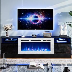 oneinmil Fireplace TV Stand with 36" Electric Fireplace, LED Light Entertainment Center with Modern Wood Texture, Highlight Storage Cabinet for TVs Up to 90", 79 inches, Black