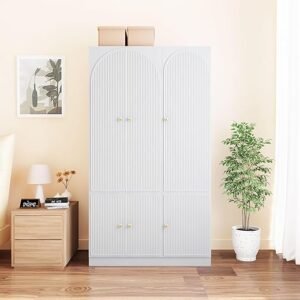 ORRD 6 Doors Freestanding Armoire Wardrobe Closet, Large Capacity Wardrobe Cabinet, Wooden Closet for Bedroom White