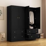 ORRD Black Freestanding Armoire Wardrobe Closet with 2 Doors and 2 Storage Drawers Set of 2, Large Capacity Wardrobe Cabinet, Wooden Closet for Bedroom