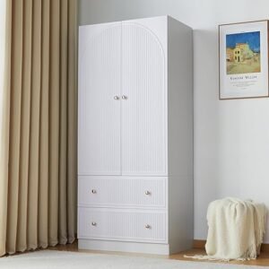 ORRD White 2 Doors Freestanding Armoire Wardrobe Closet, Large Capacity Wardrobe Cabinet with 2 Storage Drawers, Wooden Closet for Bedroom