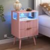 Pink Nightstand with Charging Station and LED Lights,Modern Bedside Table with 2 Storage Drawer and Open Wood Shelf, for Bedroom and Small Spaces,Night Stand with Solid Wood Legs,Pink