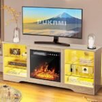 PUKAMI Fireplace TV Stand for TVs Up to 65" TV with 18" Fireplace,Entertainment Center with Fireplace,TV Stand with Fireplace,Entertainment Stand with Adjustable Glass Shelves,58inch,Beige