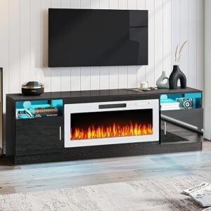 PUKAMI Fireplace TV Stand for TVs Up to 80" TV with 36" Electric Fireplace,Entertainment Center with Fireplace,TV Stand with Fireplace LED Light,Entertainment Stand (Black and White, 70inch)