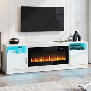 PUKAMI Fireplace TV Stand for TVs Up to 80" TV with 36" Electric Fireplace, Entertainment Center with Fireplace, TV Stand with Fireplace LED Light, Entertainment Stand, 70inch