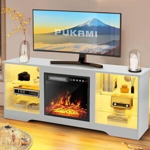 PUKAMI Fireplace TV Stand with 18" Fireplace for Living Room,58" Led Entertainment Center with Fireplace & Storage,Modern TV Console Cabinet for TVs Up to 65" with Adjustable Glass Shelves,White