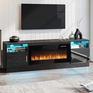 PUKAMI Fireplace TV Stand with 36" Electric Fireplace for TVs Up to 80", LED Light Entertainment Center with Highlight Storage Cabinet, 70“ Modern Wood Media TV Console for Living Room, Black