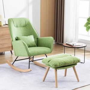 Rocking Chair with Ottoman and Pillow, Glider Rocker Chair, Accent Arm Chair Lounger for Living Room/Bedroom/Nursery, High Back, Solid Hardwood Base, Green