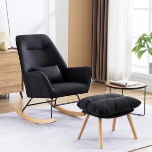 Rocking Chair with Ottoman and Pillow, Glider Rocker Chair, Modern Accent Arm Chair Lounger for Living Room/Bedroom/Nursery, High Back, Solid Hardwood Base, Black