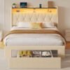 Rolanstar Twin Bed Frame with Drawer, Storage Headboard with Charging Station and LED Lights, Upholstered Bed with Heavy Duty Wood Slats, No Box Spring Needed, Noise Free, Easy Assembly, Beige