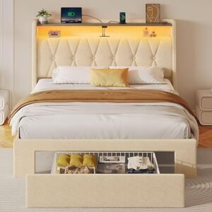 Rolanstar Twin Bed Frame with Drawer, Storage Headboard with Charging Station and LED Lights, Upholstered Bed with Heavy Duty Wood Slats, No Box Spring Needed, Noise Free, Easy Assembly, Beige